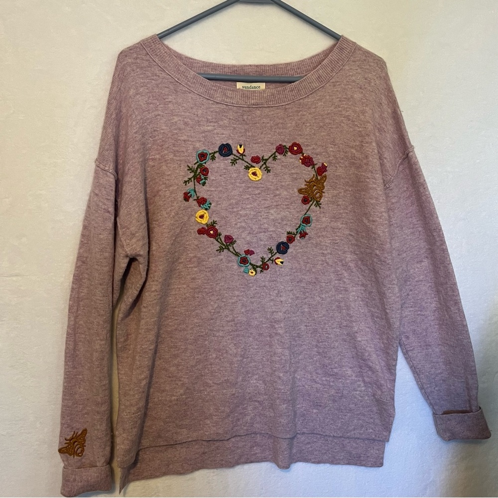 Sundance Blooming Love Heart Bee Crewneck Sweater Embroidered Soft Long Sleeve